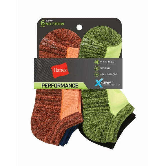 Hanes Boys' Performance No Show Socks 6 Pack Size L Shoe Size 3-9