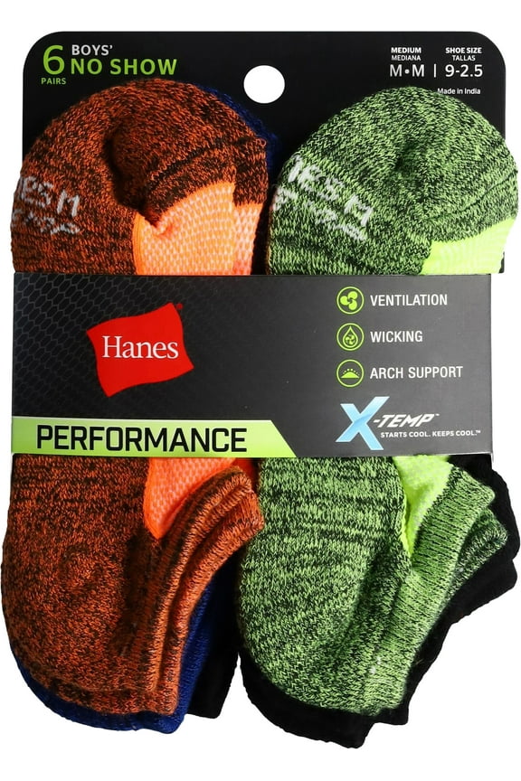 Boys' Performance No Show Socks Medium 6 ea