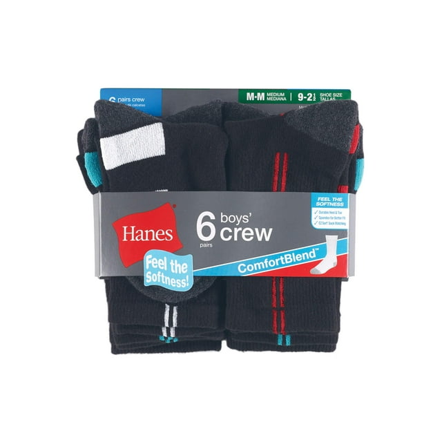 Hanes Boys Socks, 6 Pack Crew Socks Sizes S - L