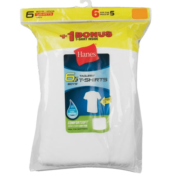Hanes Boys Undershirts, 5 + 1 Bonus Pack Tagless Crew Undershirts (Little Boys & Big Boys)