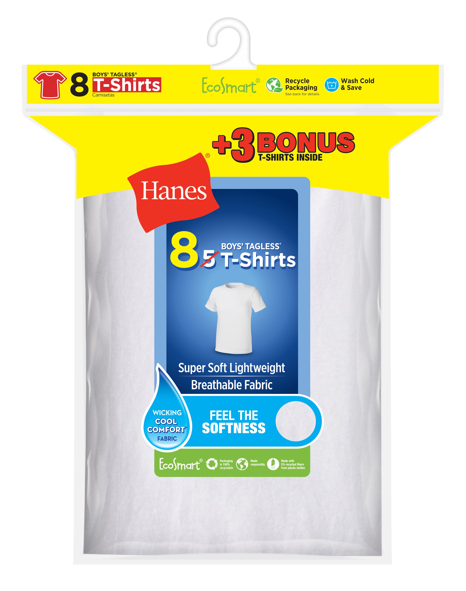 Hanes Boys Undershirts, 5 + 3 Bonus Pack Tagless EcoSmart White Crew Undershirts, Sizes S-XL - image 1 of 7
