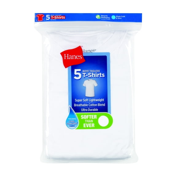 Hanes Boys Undershirts, 5 Pack Blended White Crew T-Shirt, (Little Boys & Big Boys)