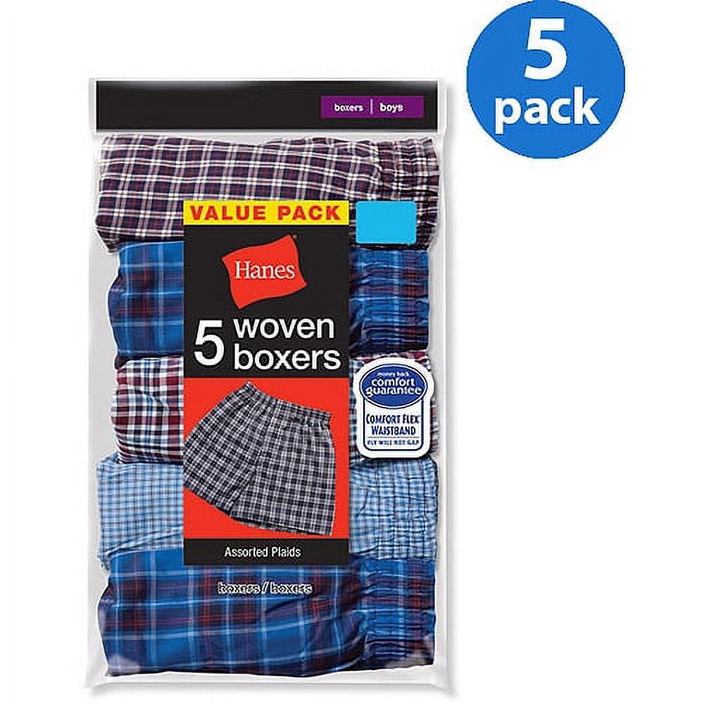 Hanes Boys Underwear, 5 Pack Woven Boxers Sizes 6/8 - 18/20