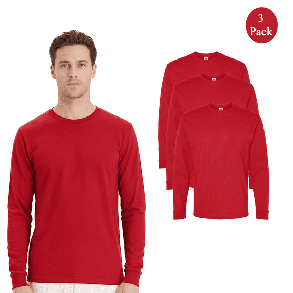Hanes Classic Fit Long Sleeve Crewneck T-Shirt, Men's 3 Pack Essential Athletic Red Tee, S