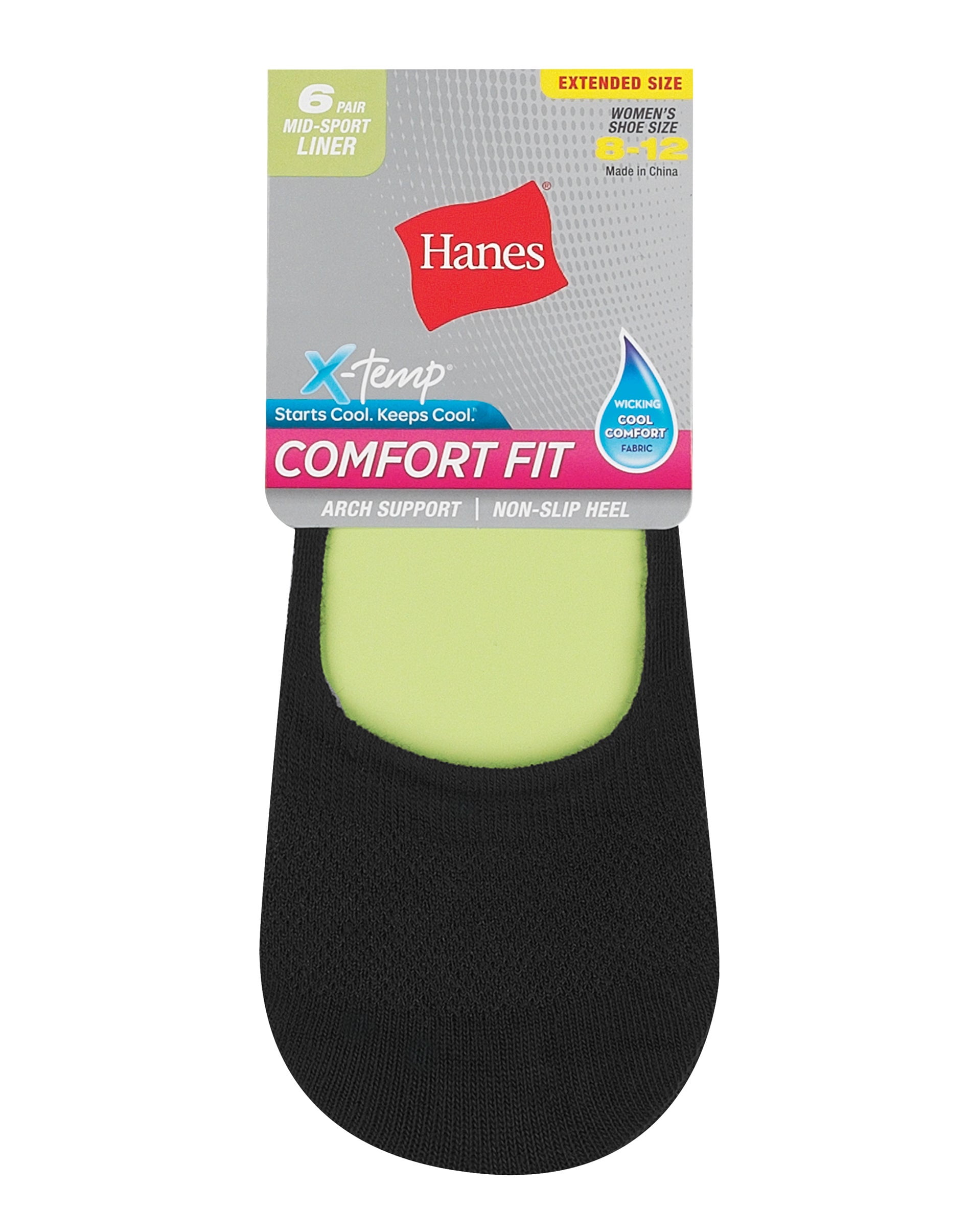 Hanes Comfort Fit Women's Mid Sport Invisible Liner Socks, Extended Sizes, 6-Pairs Black 8-12