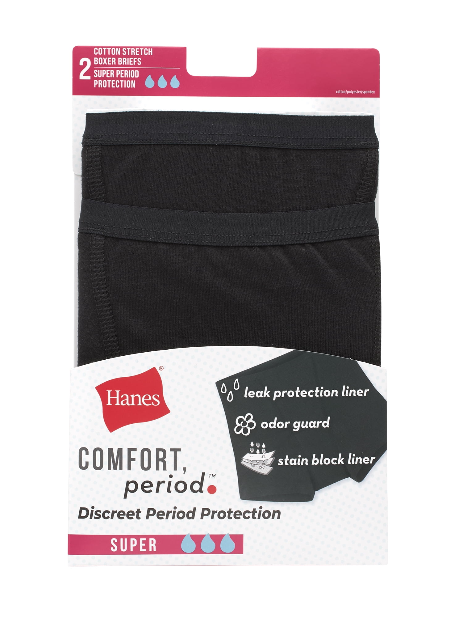 Hanes Comfort, Period. Women's Boxer Briefs Period Underwear, Super Leaks,  2-Pack