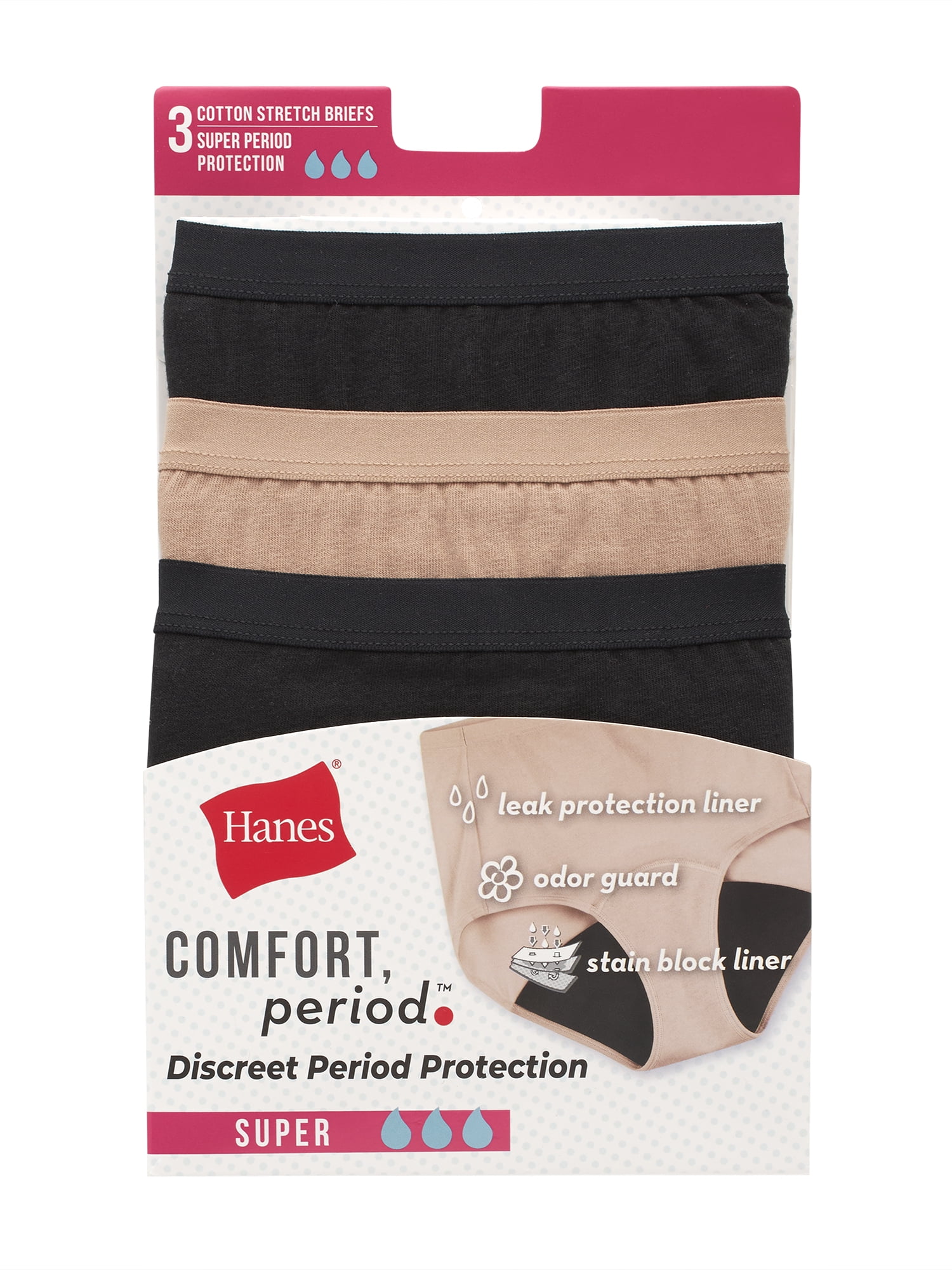 Hanes Comfort, Period. Women's Briefs Period Underwear, Super Leaks, 3-Pack
