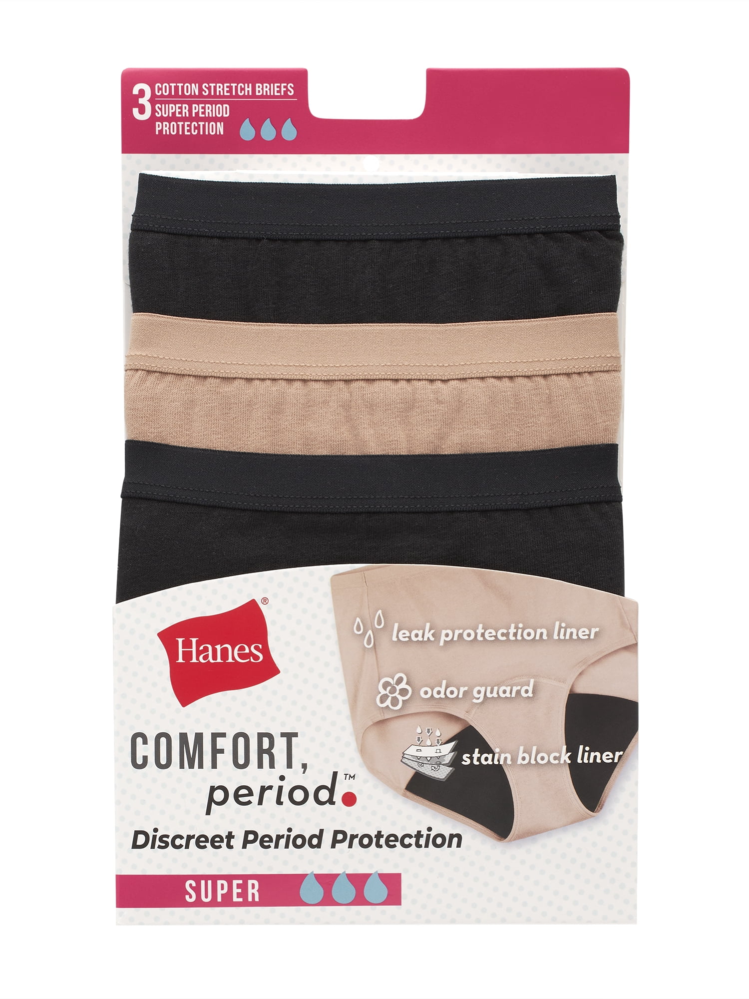 Hanes Comfort, Period. Women's Briefs Period Underwear, Super Leaks, 3-Pack  