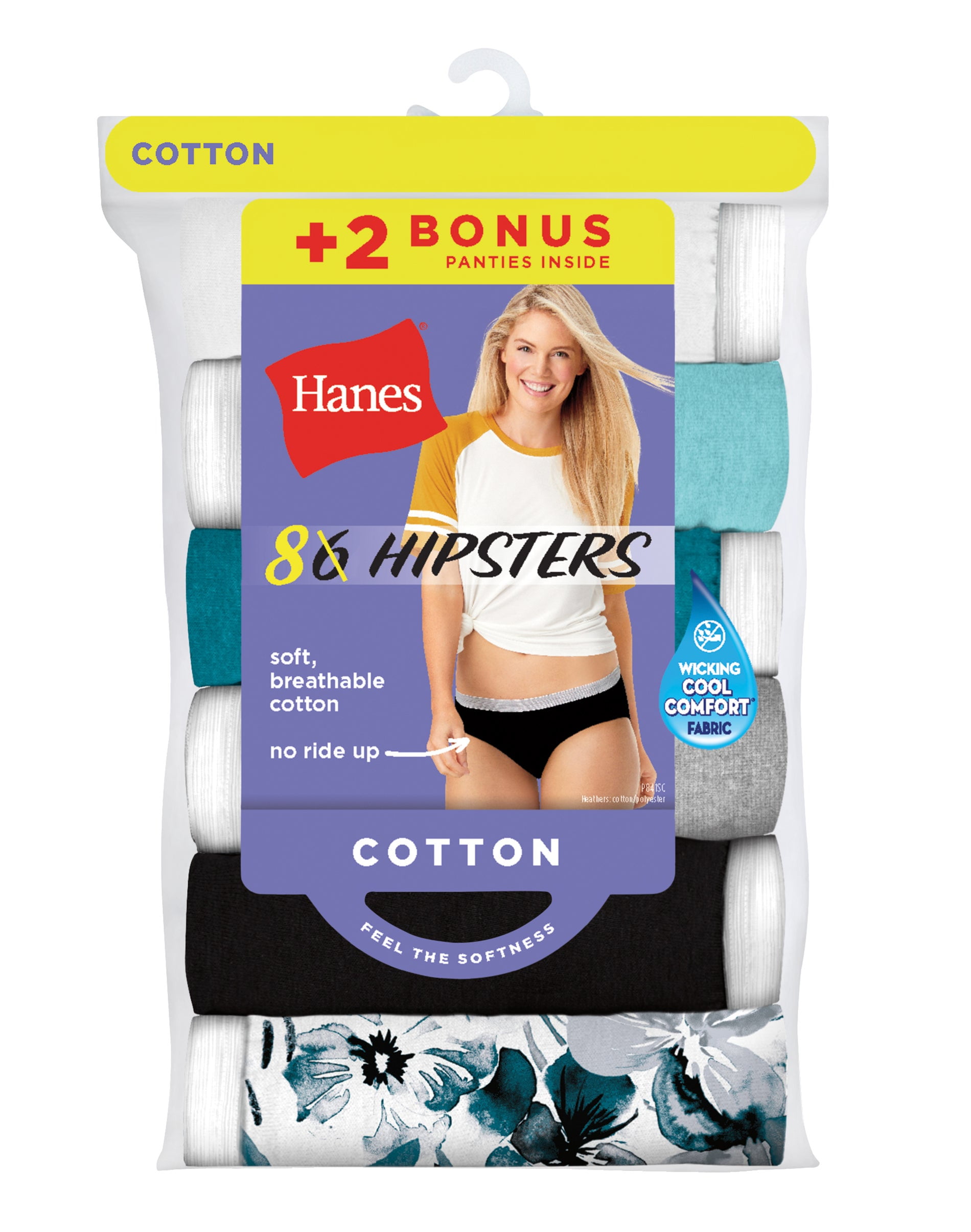 Hanes Cool Comfort® Women's Cotton Sporty Hipster Panties 8-Pack (6+2 Free  Bonus Pack) Assorted 5
