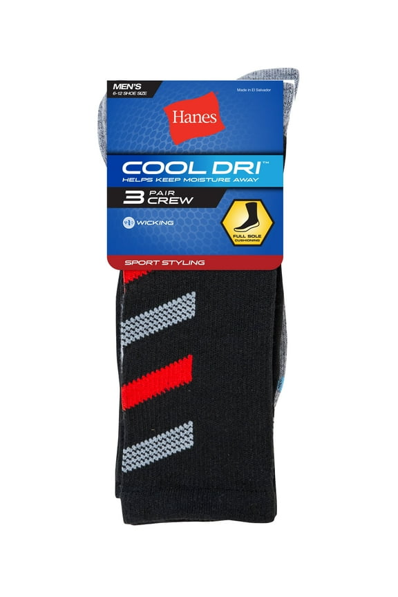 Cool DRI Men's Crew Socks with Ventilation, 3-Pairs Black 6-12