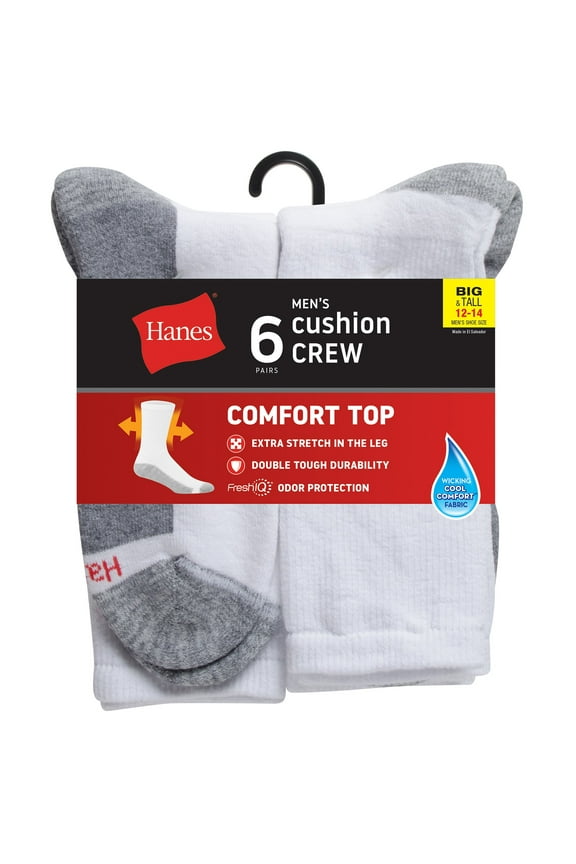 Crew Socks 6-Pack Men's Max Cushion Big & Tall Wicking Cool Comfort 12-14