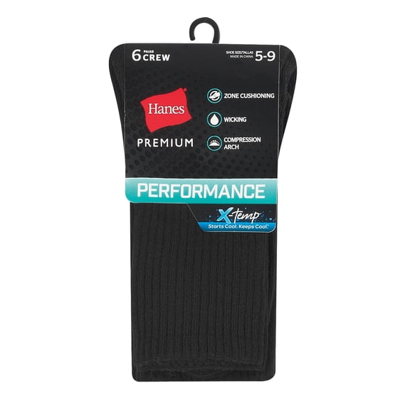 Hanes Crew Socks 6-Pack Women's Premium Performance Cushioned Black Size 5-9