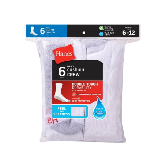 Hanes Crew Socks Mens 6 Pack Cushion  FreshIQ  Athletic size 6-12 Black Grey White