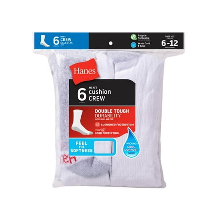Hanes Crew Socks Mens 6 Pack Cushion FreshIQ Athletic size 6-12 Black Grey White