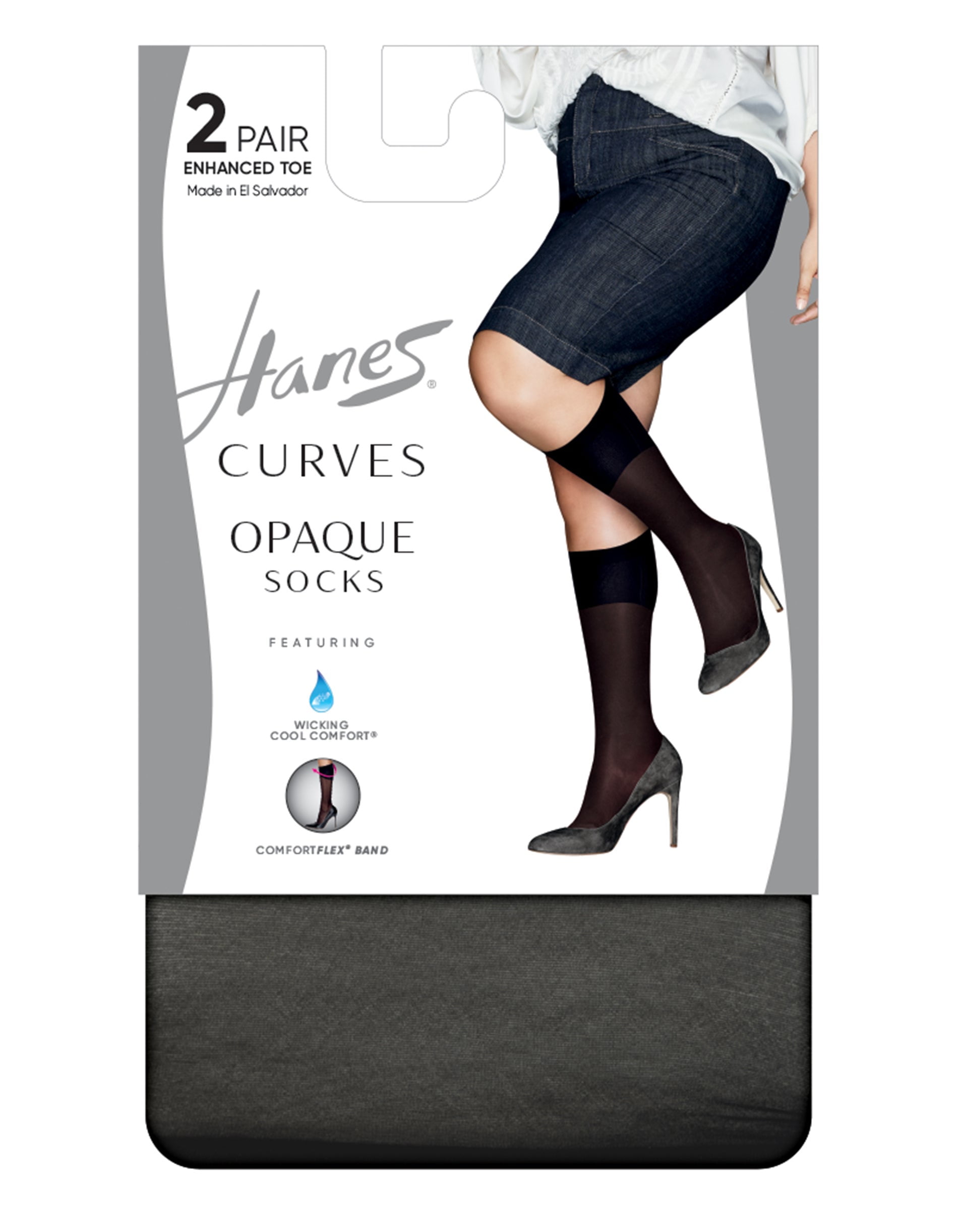 Hanes Curves Opaque Socks 2-Pack Black 3X/4X Women's 