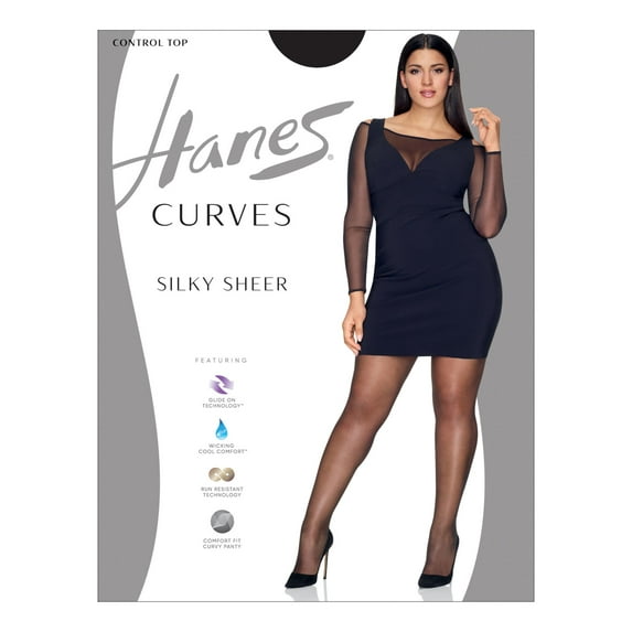 Hanes Curves Women's Silky Sheer Control-Top Pantyhose with Toe Black 1X/2X