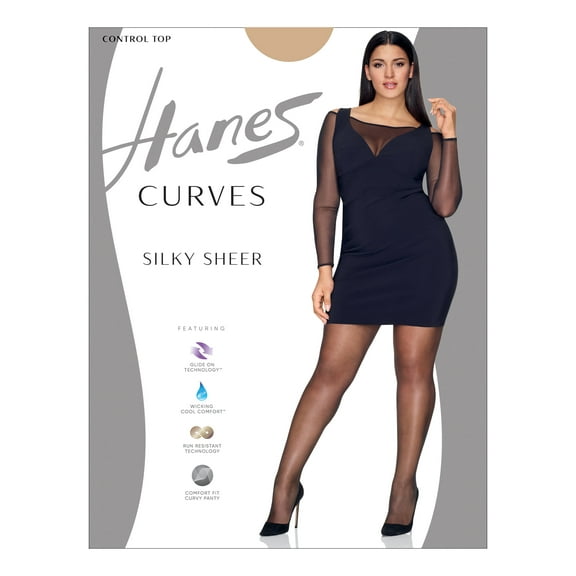 Hanes Curves Women's Silky Sheer Control-Top Pantyhose with Toe Nude 1X/2X
