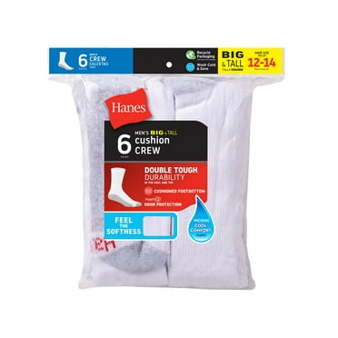 Hanes Crew Socks 6-Pairs Double Tough Men's Big & Tall Cushioned FreshIQ White sizes 12-14