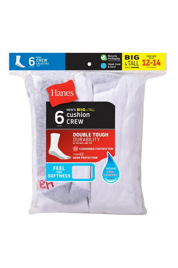 Crew Socks 6-Pairs Double Tough Men's Big & Tall Cushioned FreshIQ White sizes 12-14