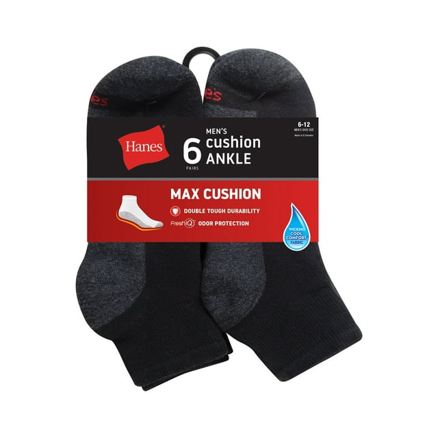 Hanes Double Tough Men's Ankle Socks, Max Cushion, 6-Pairs Black/Grey 6 ...