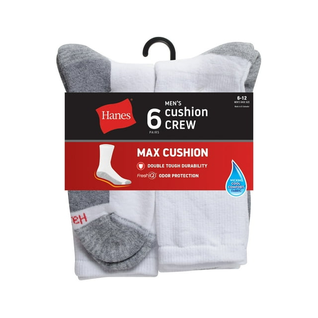 Hanes 6Pack Crew Socks Mens Max Cushion FreshIQ Wicking Cool