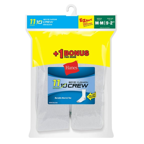 Hanes EZ-Sort Boys' Crew Socks 11-Pack (Includes 1 Free Bonus Pair) White S
