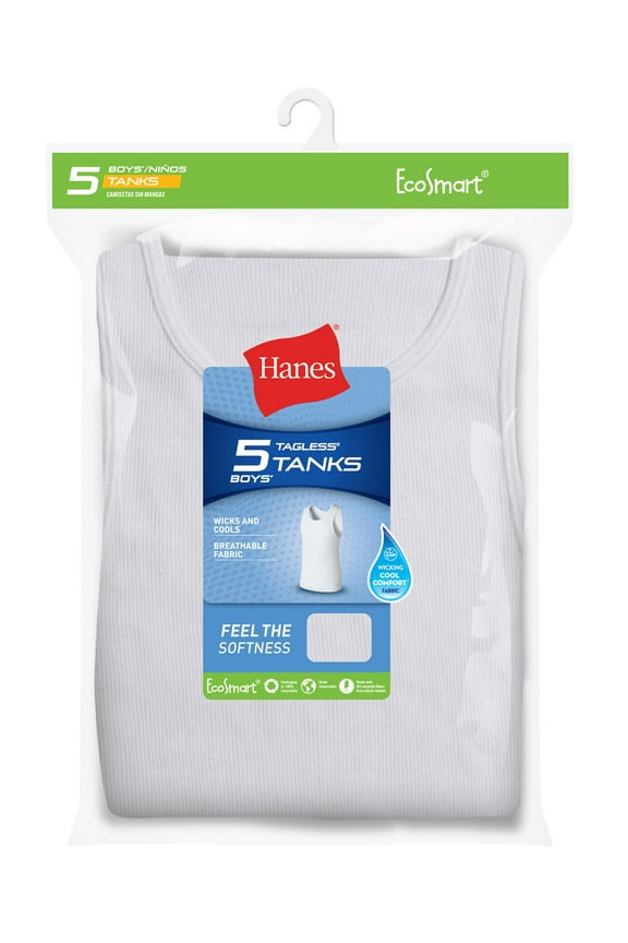 Boys' Ecosmart Tank Top White Undershirts Value Pack, 5-pack sizes S-XXL
