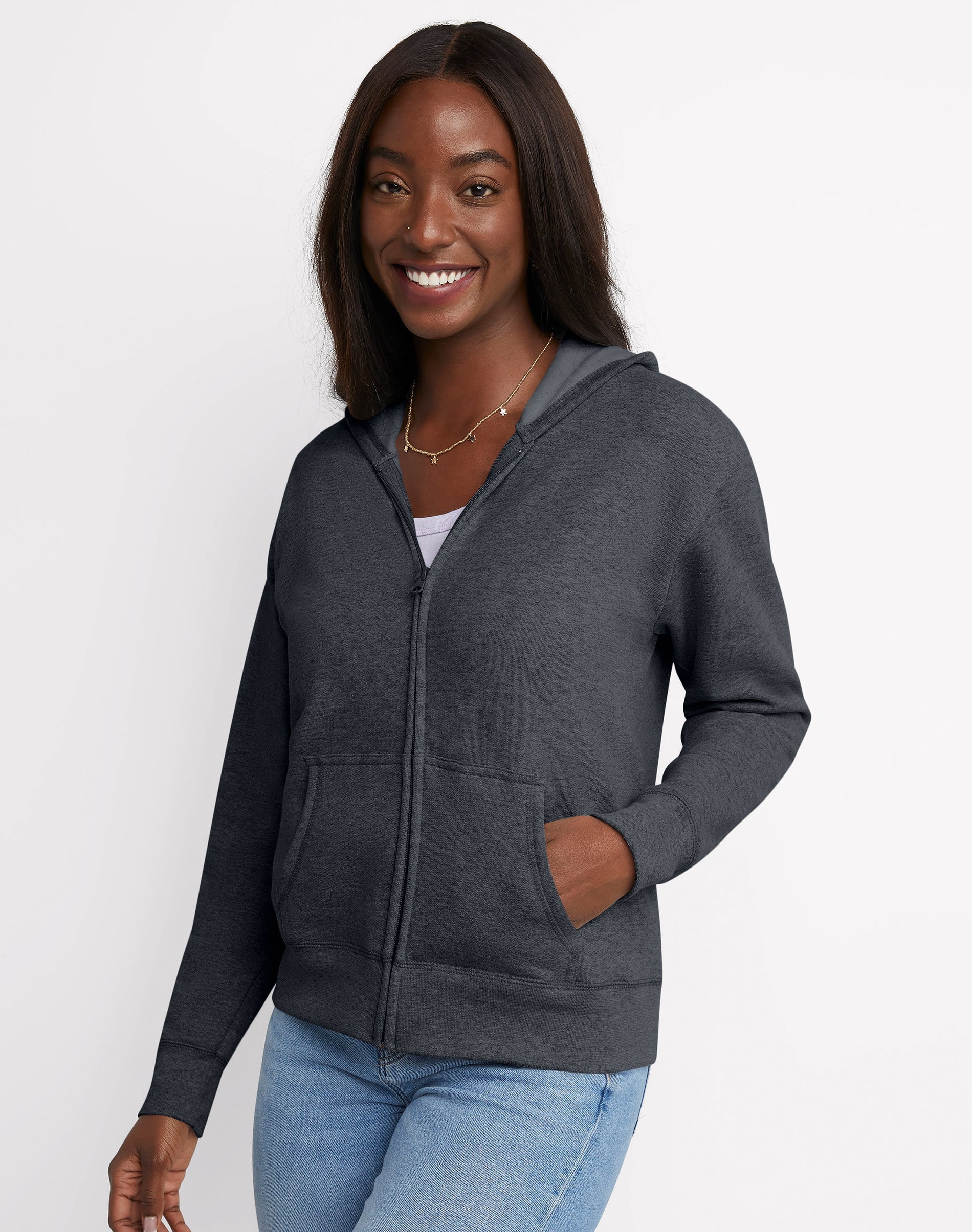 Hanes EcoSmart Women’s Fleece Zip Hoodie Slate Heather M