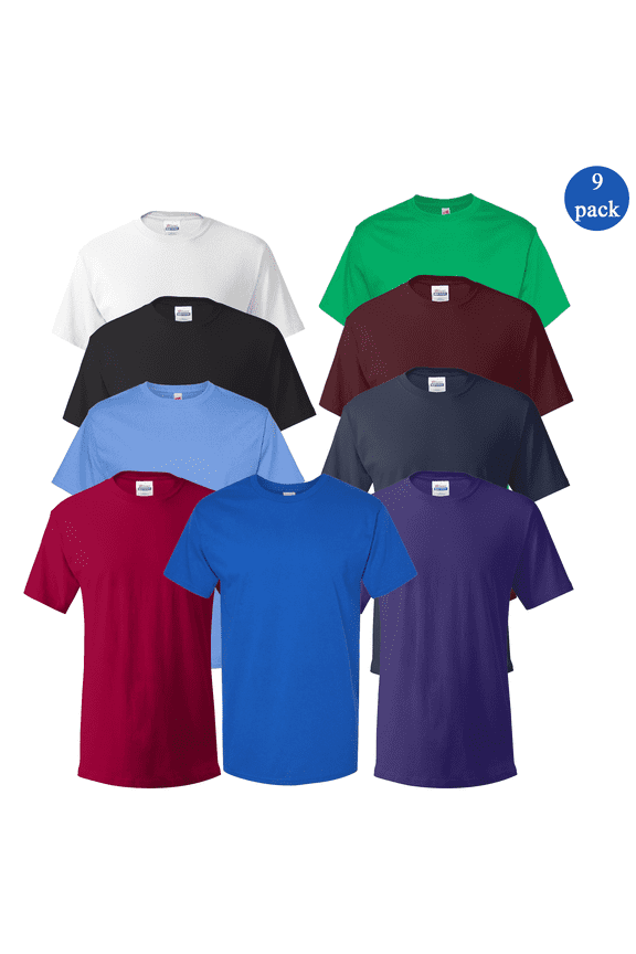 Essential Adult Men's T-Shirt, 100% Cotton, Classic Fit, Workwear Tee, Multicolor, Pack of 9, XL