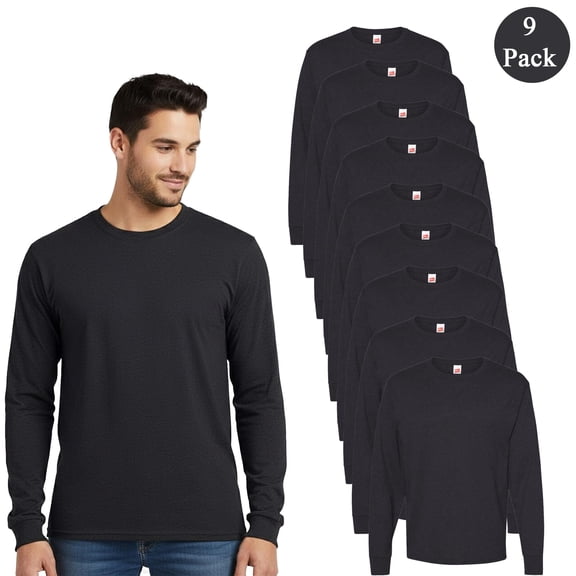 Hanes Essential Long Sleeve T-Shirt for Men, Charcoal Heather Classic Fit Crewneck Tee, 9 Pack, S