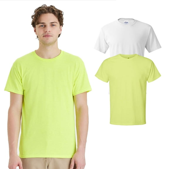 Hanes Essential Men's T-Shirt | White and Hi Vis Safety Green, 2 Pack, Size S-5XL | Short Sleeve Crewneck Tee