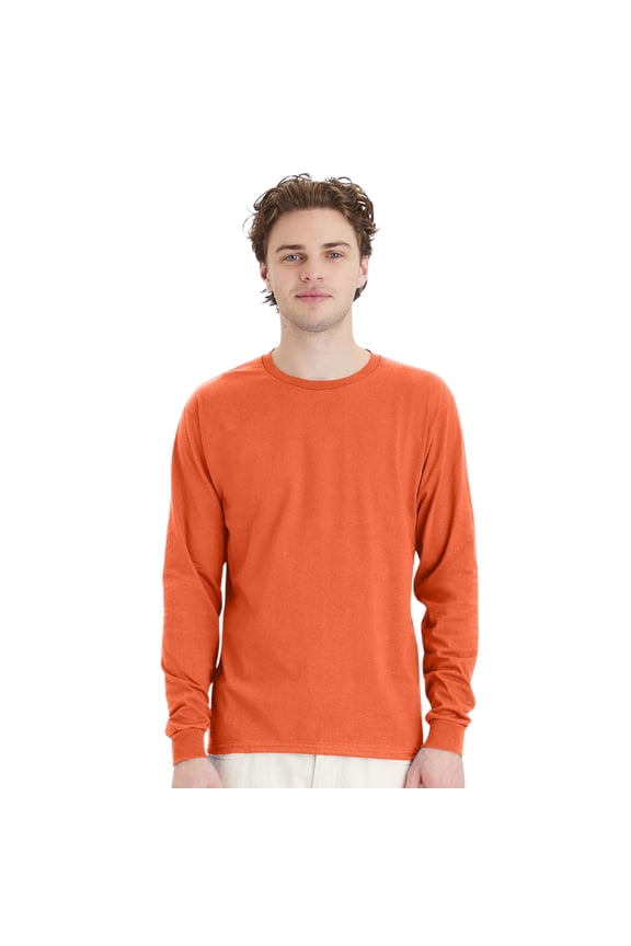 Unisex Essential Long Sleeve T-Shirt 100% Cotton Classic Fit Plain Basic Tee (Texas-Orange, 2XL)