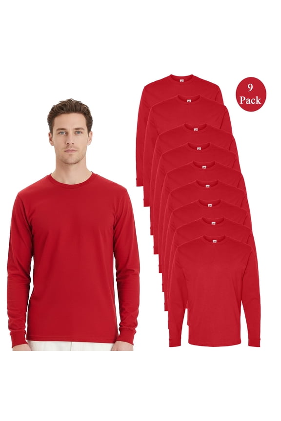 Essential-T Long Sleeve T-Shirt, Men Comfortable Crew Neck Blank Tee, Athletic Red 9-Pack, S