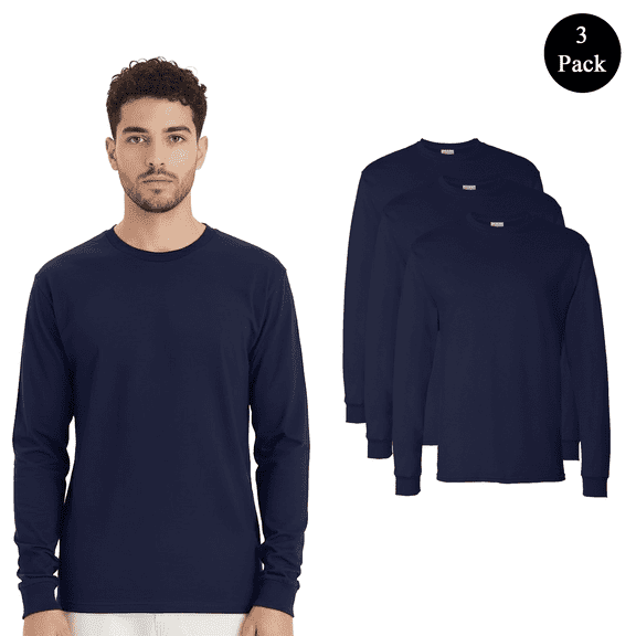Hanes Essential-T Long Sleeve T-Shirt, Men's Durable Crew Neck Printable Navy Bulk Tee, 3-Pack, 2XL
