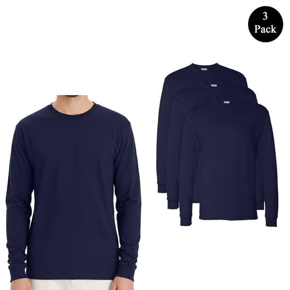 Hanes Essential-T Long Sleeve T-Shirt, Men's Durable Crew Neck Printable Navy Bulk Tee, 3-Pack, M
