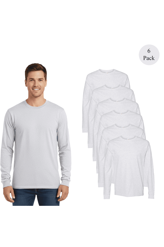 Essential-T Long Sleeve T-Shirt, Men's Tape Neck for comfort Blank Tee, Ash Color, 6-Pack, L