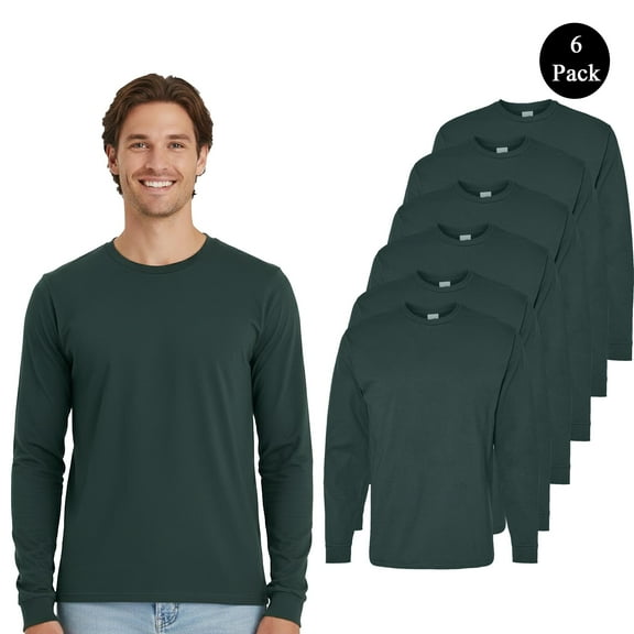 Hanes Essential-T Men Long Sleeve T-Shirt, Crew Neck Classic Fit Athletic Dark Green Tee, 6-Pack S