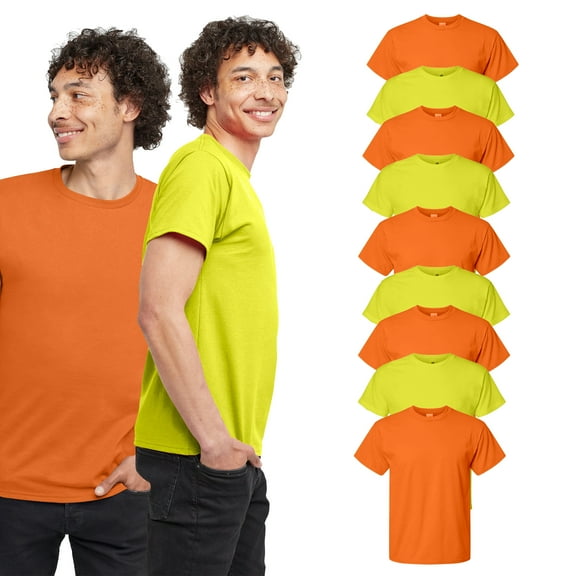 Hanes Essential-T Men Workwear T-Shirt, Short Sleeve Hi Vis Tee, Safety Green and Orange, 9 Pack, L