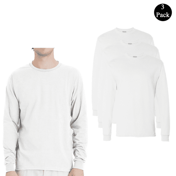 Hanes Essential-T Men's Cotton Long Sleeve T-Shirt, Soft Crew Neck Classic Fit White Tee 3-Pack, L
