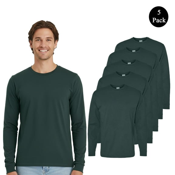 Hanes Essential-T Men's Long Sleeve T-Shirt, Crew Neck Athletic Dark Green Casual Tee, 5-Pack, S