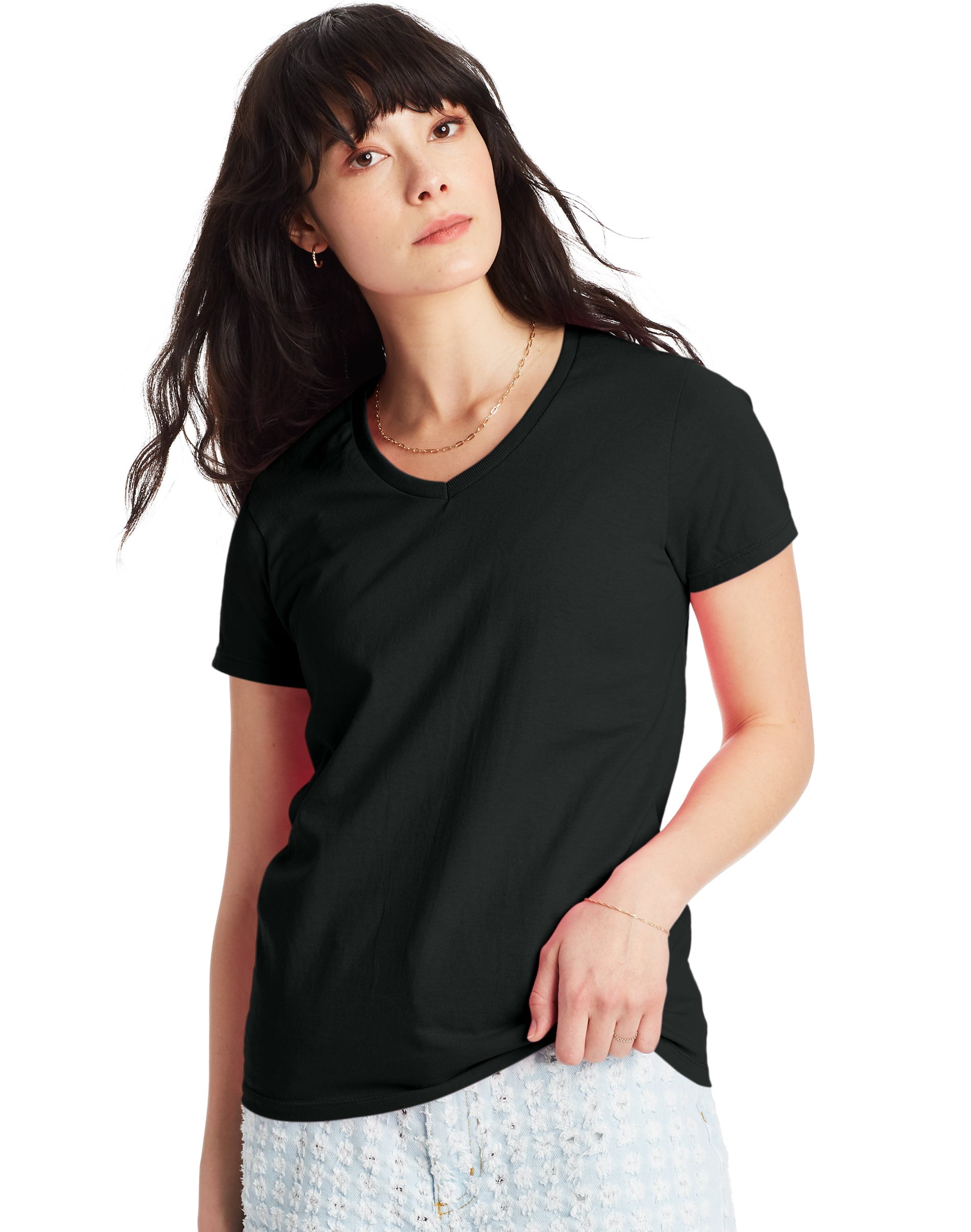 Hanes Essentials Women's Cotton V-Neck T-Shirt Black S - Walmart.com
