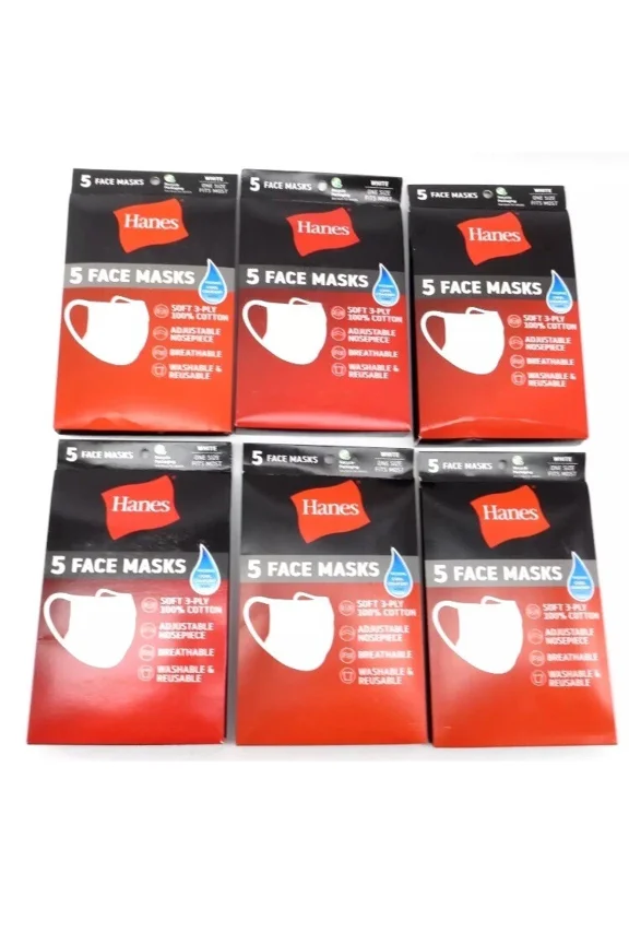 Hanes Face Masks White Cotton Reusable Cover Face Mask Cloth 6 Packs 30 Total