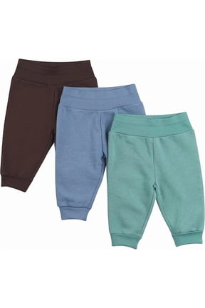 Fleece Pull-On Pants, Flexy Super Soft 4-Way Sweatpants, Stretch Joggers for Babies & Toddlers, Dusty Brown/Blue/Green, 0-6 Months