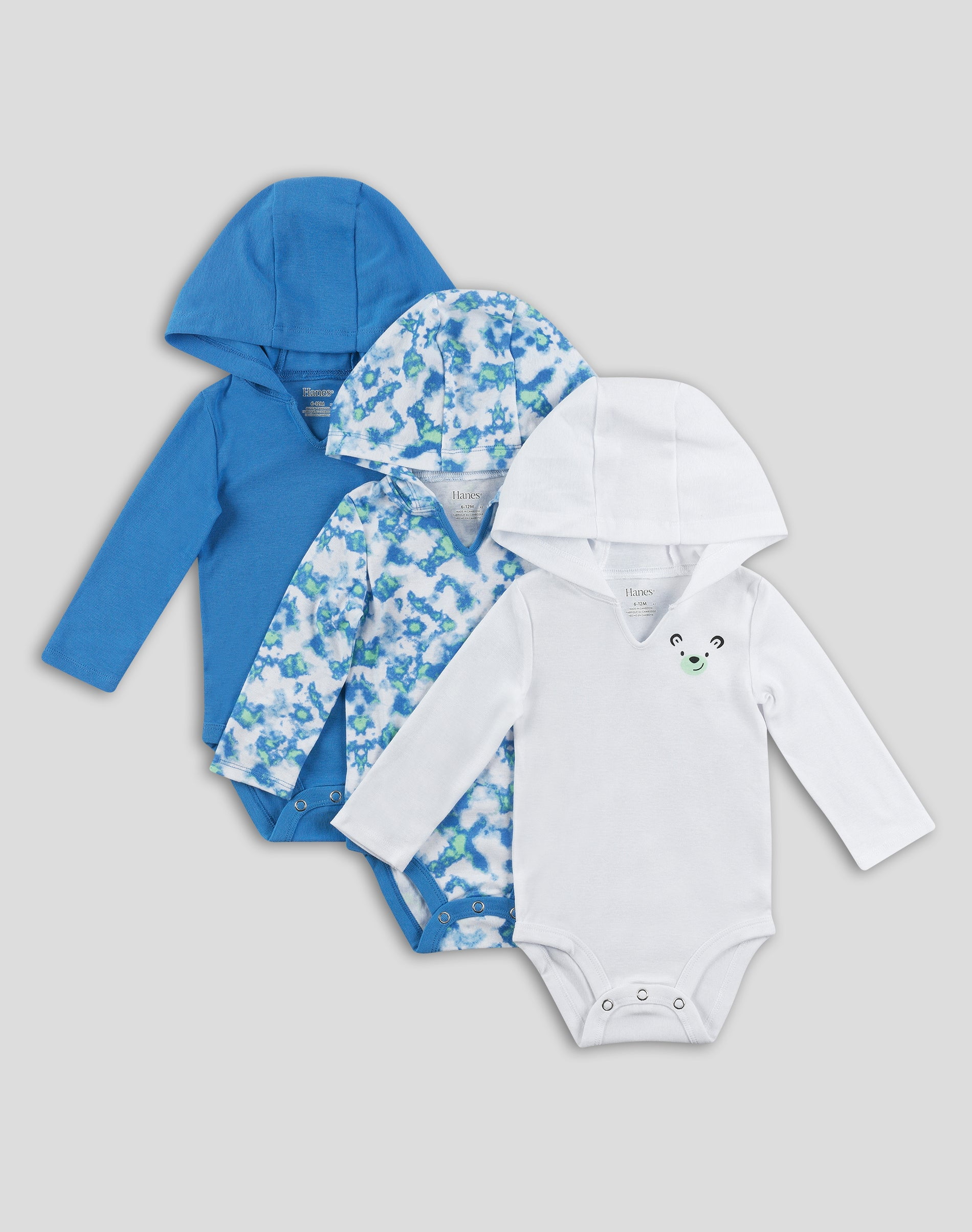 Hanes Hoodie Bodysuits 3 Pack Flexy Baby Knit Long Sleeve 4 Way Boys Girls Light