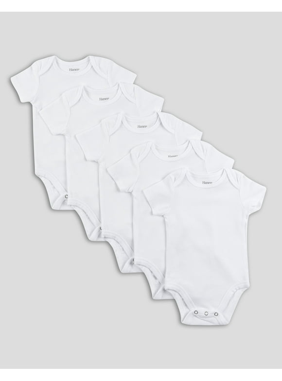 Hanes Flexy Baby Knit Short Sleeve Bodysuits, 4-Way Stretch, Boys & Girls, 5-Pack White 12-18M