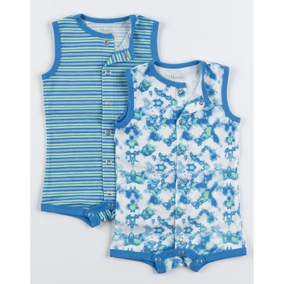 Hanes Flexy Baby Knit Sleeveless Rompers 2-Pack Full-Snap & 4-Way Stretch Boys & Girls