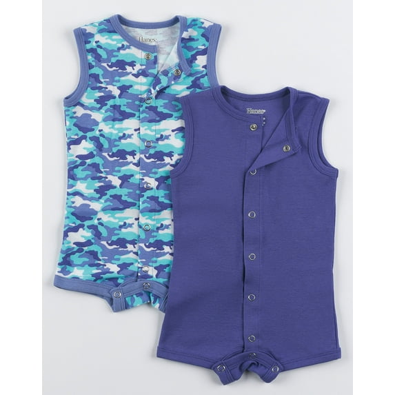 Hanes Flexy Baby Knit Sleeveless Rompers 2-Pack Full-Snap & 4-Way Stretch Boys & Girls