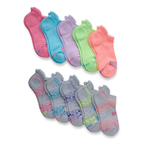 Hanes Girls No-Show Socks, 10 Pairs, Comfort Fit Heel Shield, Breathable Mesh