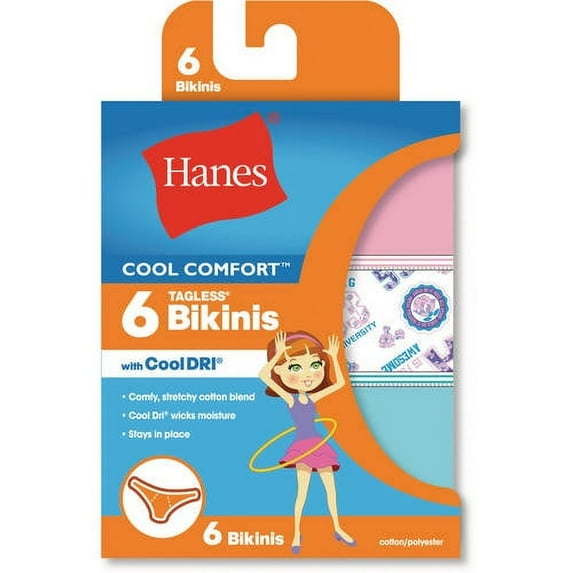 Hanes Girls' Cool Comfortâ„¢ Bikinis with Cool Dri® 6-Pack - Size - 12 - Color - Assorted