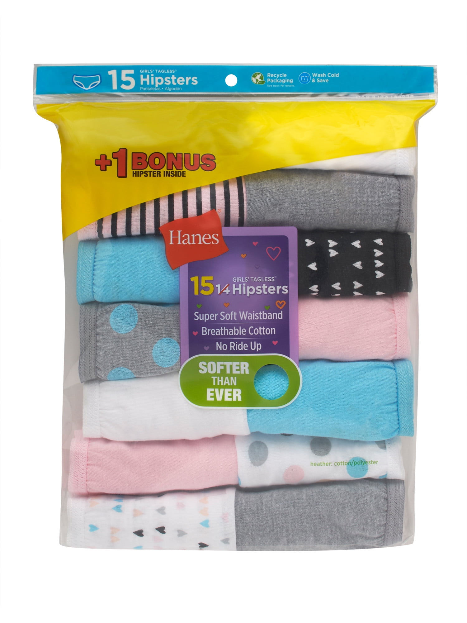 Hanes Girls' Cotton Hipster, 14+1 Bonus Pack